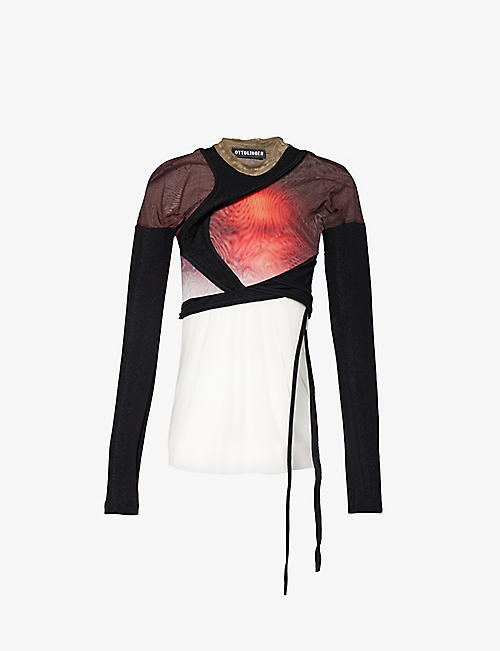 OTTOLINGER: Graphic-print semi-sheer recycled-polyester top