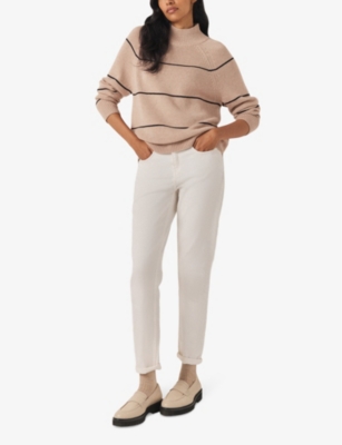 Shop The White Company Womens Taupe Funnel-neck Striped Organic Cotton-blend Jumper