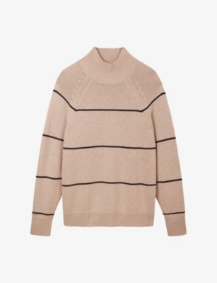 The White Company Womens Taupe Funnel-neck Striped Organic Cotton-blend Jumper