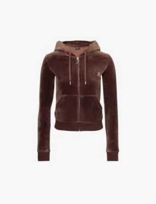 Juicy Couture Womens Bitter Chocolate Robertson Logo-embellished Velour Hoody In Brown