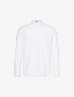 7 For All Mankind Mens White Chest-pocket Brand-patch Linen And Cotton-blend Shirt
