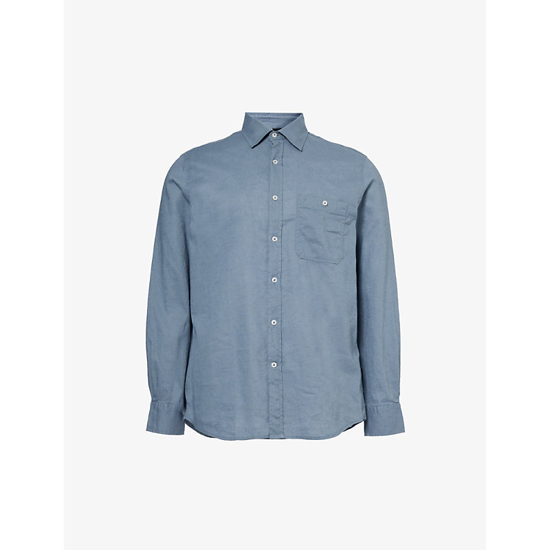 Shop 7 For All Mankind Men's Blue Chest-pocket Long-sleeved Linen And Cotton-blend Shirt