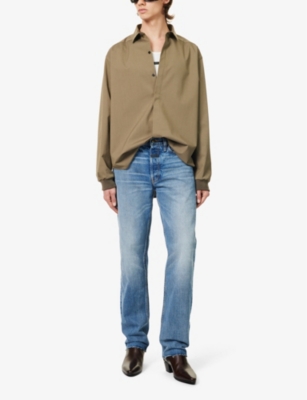 Shop Fear Of God Men's Olive Brand-patch Relaxed-fit Cotton-blend Shirt