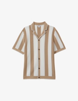 Reiss Naxos Striped Knitted Shirt In Stone/optic Whi