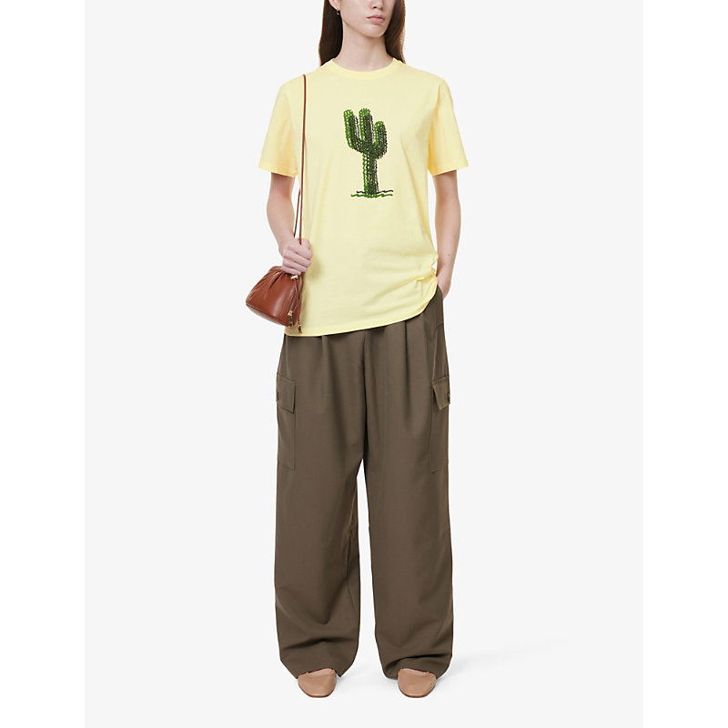 Shop Bella Freud Women's Yellow Cactus-embroidered Regular-fit Cotton-jersey T-shirt