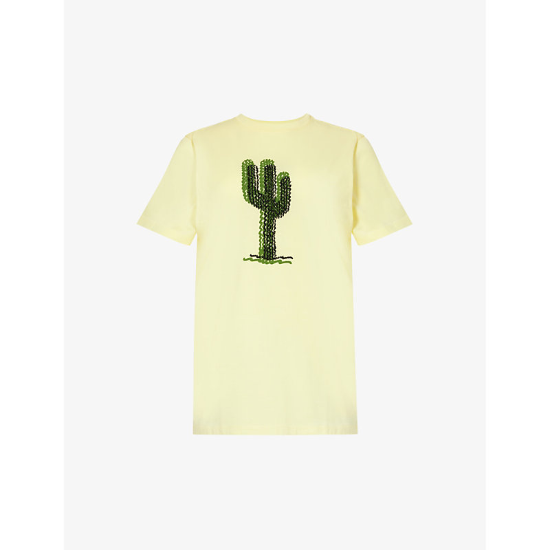 Bella Freud Womens Yellow Cactus-embroidered Regular-fit Cotton-jersey T-shirt