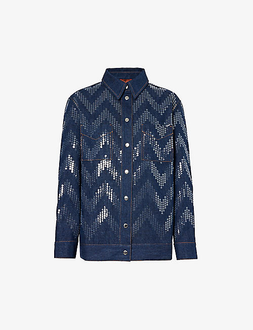 MISSONI: Chevron-pattern sequin-embellished denim jacket