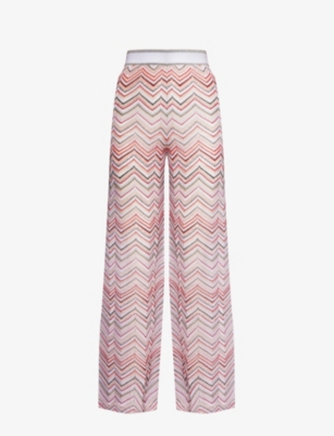 Missoni Womens Multi-coloured Chevron-pattern Sequin-embellished Wide-leg Knitted Trousers