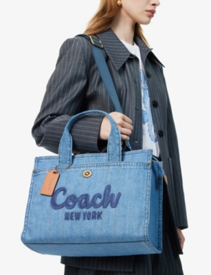 Shop Coach Logo-embroidered Denim Tote Bag In B4/indigo