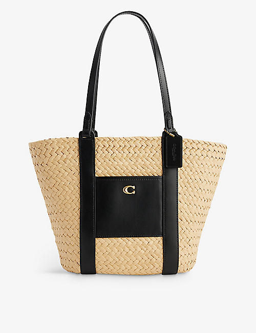 COACH: Logo-patch straw and leather tote bag