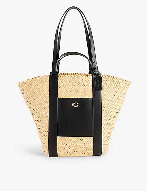 COACH: Logo-embellished straw and leather tote bag