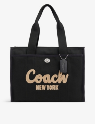 Shop Coach Women's Lh/black Logo-embroidered Detachable-strap Canvas Tote Bag