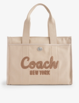 Shop Coach Women's Lh/dark Natural Logo-embroidered Canvas Tote Bag