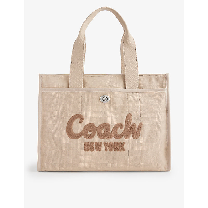 Shop Coach Women's Lh/dark Natural Logo-embroidered Canvas Tote Bag