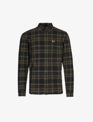 Fred Perry Mens Night Green Logo-embroidered Tartan-pattern Cotton Shirt