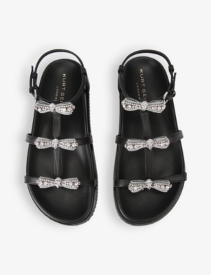 Shop Kurt Geiger London Women's Black Pierra Bow-embellished Flat Leather Sandals