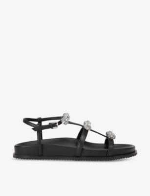 Shop Kurt Geiger London Women's Black Pierra Bow-embellished Flat Leather Sandals