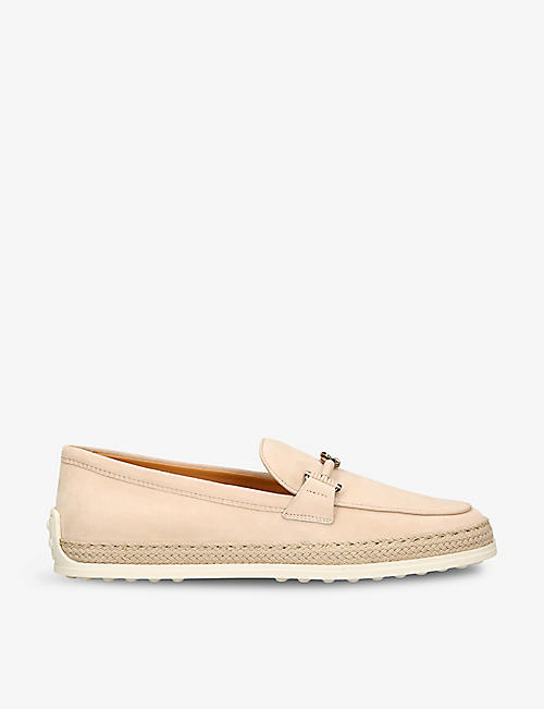 TODS: Gomma brand-plaque suede and raffia loafers