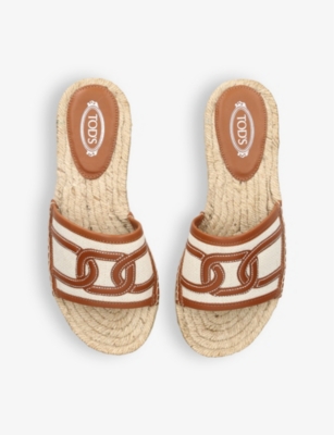 Shop Tod's Branded Raffia-trim Cotton Sandals In Brown