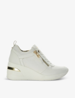 Dune Womens White-synthetic Reptile Eilin Zip-embellished Faux-leather Wedge Trainers In White-synthetic Reptile