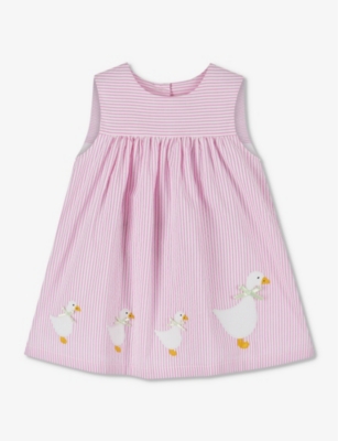 Trotters Babies'  Bright Pink Stripe Jemima Duck-applique Seersucker-cotton Dress 3-24 Months