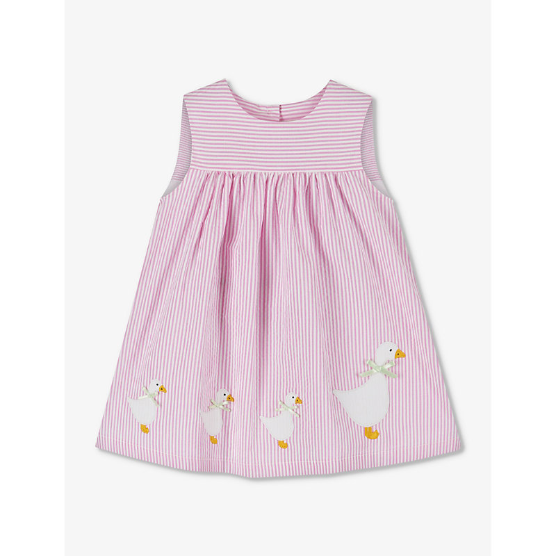 Trotters Babies'  Bright Pink Stripe Jemima Duck-applique Seersucker-cotton Dress 3-24 Months