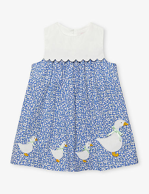 TROTTERS: Duck-embroidered floral-print cotton dress 3-24 months