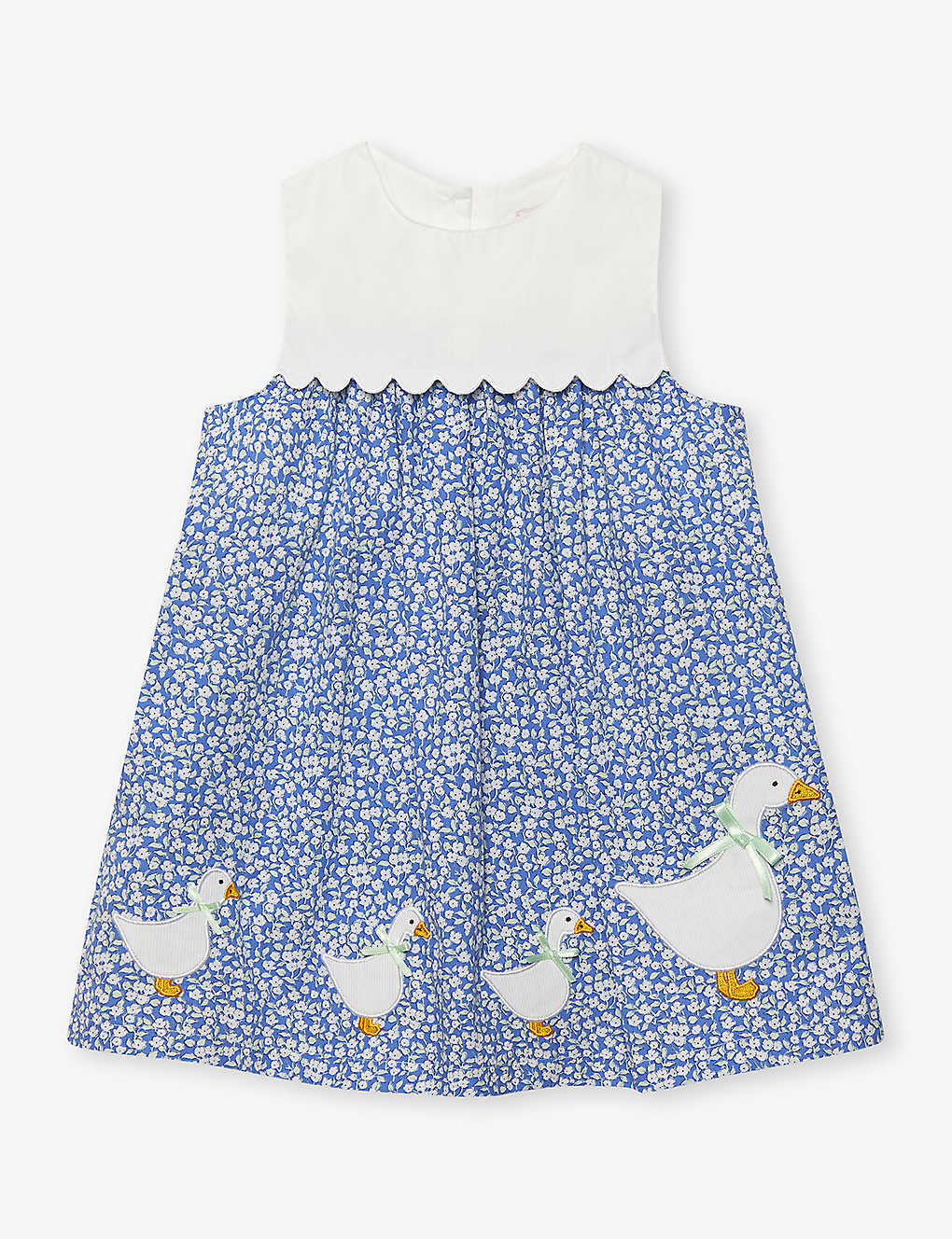 Trotters Babies' Duck-embroidered Floral-print Cotton Dress 3-24 Months In Blue