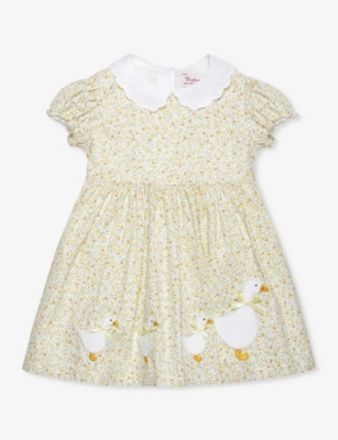 Trotters Babies'  Yellow Mini Floral Duck-embroidered Collared Cotton Dress 3-24 Months