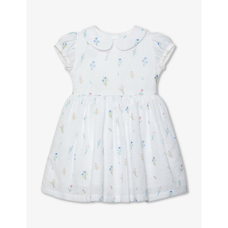 Trotters Babies' Floral-print Textured-plumetis Cotton Dress 3-24 Months In White / Floral