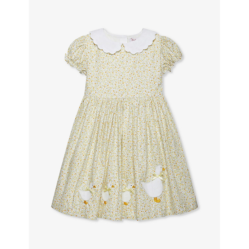 Shop Trotters Girls Yellow Mini Floral Kids Floral-print Scalloped-collar Cotton Dress 2-11 Years