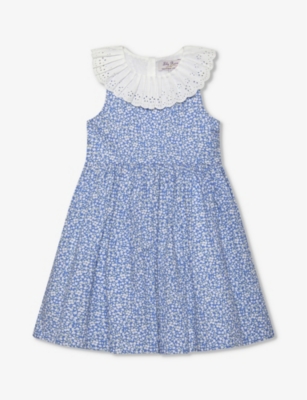 Trotters Babies'  Mini Blue Floral Francesca Embroidered-collar Floral-print Cotton Dress 2-11 Years