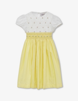Shop Trotters Rose Hand-smocked Embroidered Cotton Dress 1-11 Years In Lemon