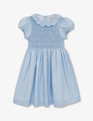 Shop Trotters Cornflour Blue Willow Rose Hand-smocked Cotton Dress 2-11 Years