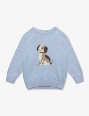 Trotters Boys Blue Marl Kids Puppy Long-sleeve Relaxed-fit Cotton Jumper 3-24 Months