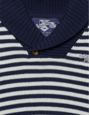 Shop Trotters Boys Vy Stripe Kids Freddie Shawl-collar Cotton Jumper 3-24 Months In Navy Stripe