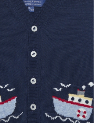 Shop Trotters Girls Navy Kids Tugboat-intarsia V-neck Cotton-knit Cardigan 3-24 Months