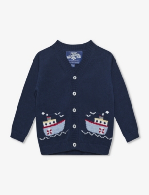 TROTTERS: Tugboat-intarsia V-neck cotton-knit cardigan 3-24 months