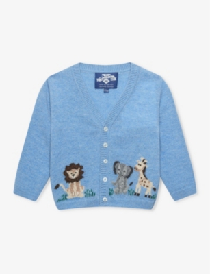 Trotters Babies'  Blue Marl Augustus Animal-motif Long-sleeve Wool-blend Cardigan 3-24 Months