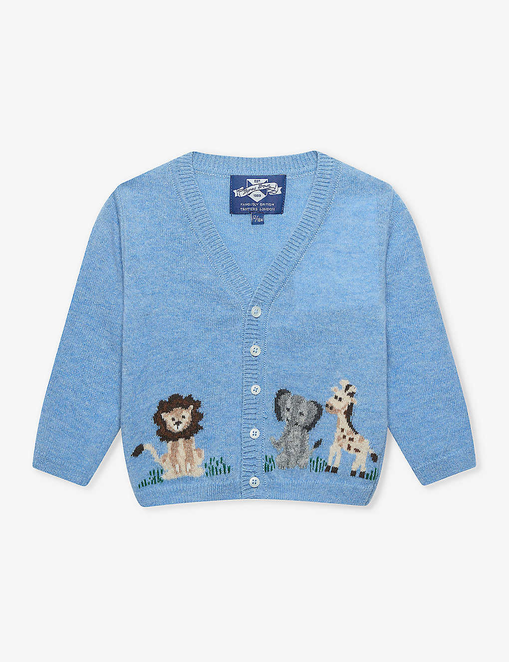 Trotters Babies'  Blue Marl Augustus Animal-motif Long-sleeve Wool-blend Cardigan 3-24 Months