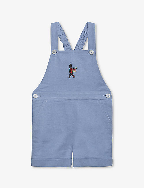 TROTTERS: Atticus guardsman-embroidered linen-blend dungarees 3-6 months