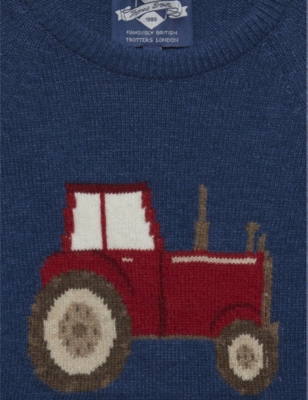 Shop Trotters Boys Denim Blue Marl Kids Tractor-intarsia Wool-blend Knit Jumper 2-11 Years