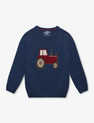 Trotters Boys Denim Blue Marl Kids Tractor-intarsia Wool-blend Knit Jumper 2-11 Years