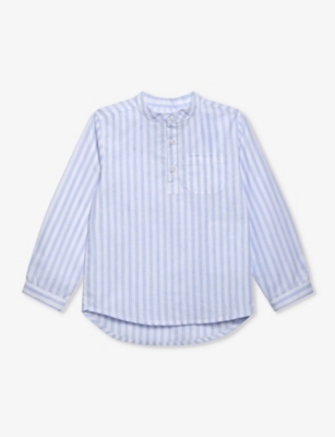 Shop Trotters Boys Pale Blue Stripe Kids Oscar Striped Cotton And Linen-blend Shirt 2-11 Years
