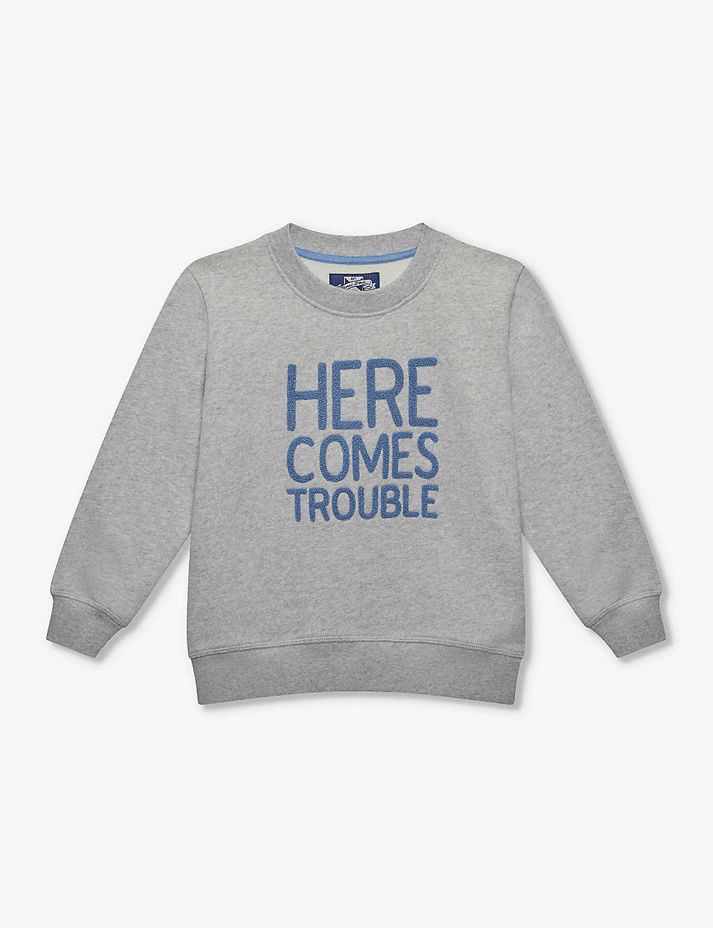 Trotters Boys Grey Marl Kids Here Comes Trouble Slogan-print Cotton Sweatshirt 2-11 Years