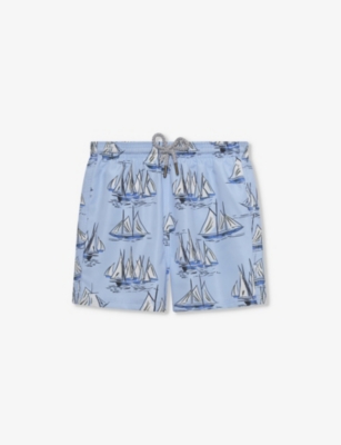 Shop Trotters Boys Blue/sailboat Kids Sailboat-print Drawstring-waist Swim Shorts 2-11 Years