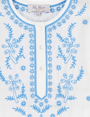 Shop Trotters Girls White/blue Kids Embroidered Cotton Kaftan 2-11 Years