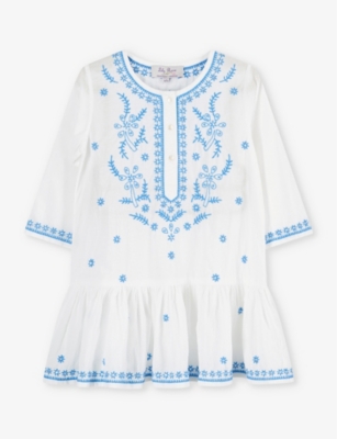 Trotters Kids' Embroidered Cotton Kaftan 2-11 Years In White/blue