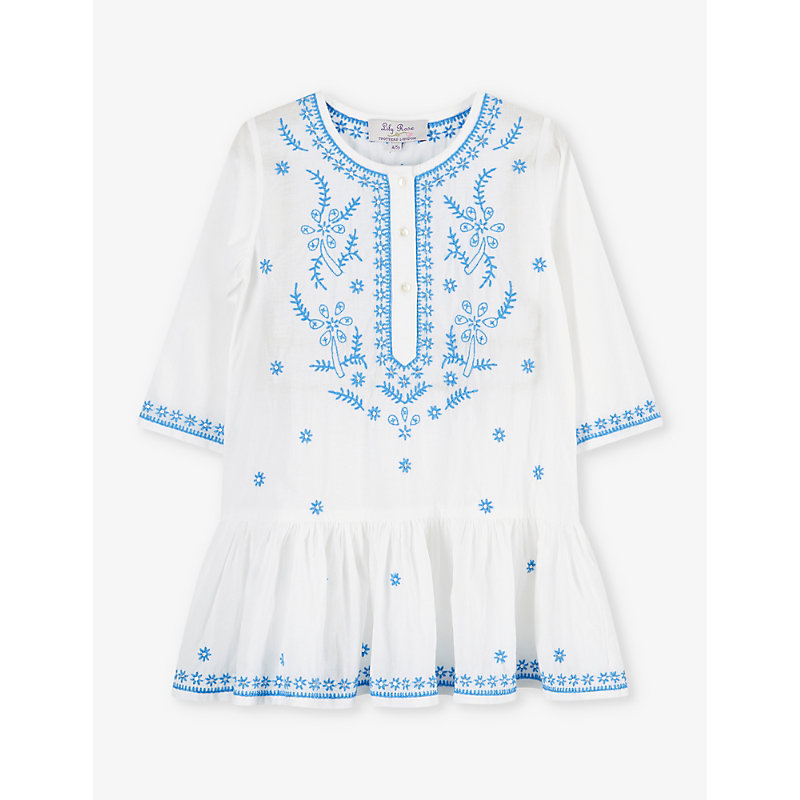 Trotters Kids' Embroidered Cotton Kaftan 2-11 Years In White/blue