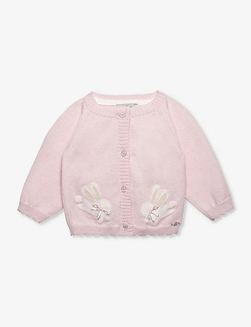 TROTTERS: Bunny-embroidered scalloped-hem cotton and wool-blend cardigan 0-9 months